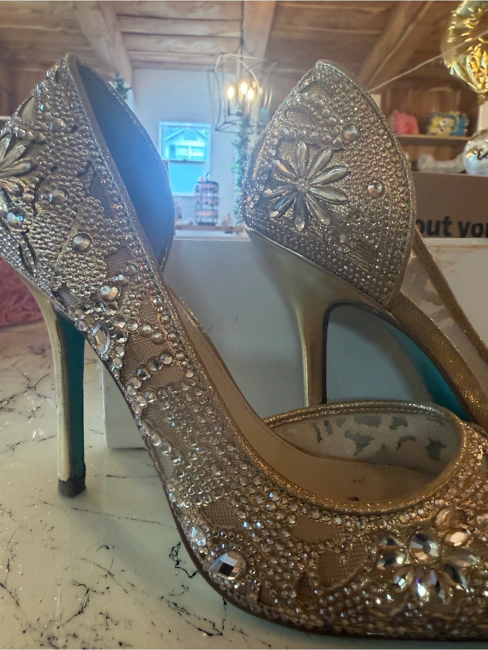 Betsey Johnson Embellished Gold High Heel Pumps - Women's Evening Shoes size 9